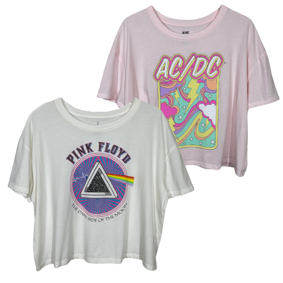Unbranded Tops - Band Tee Bundle XL AC/DC Pink Floyd Cropped T Shirts Pink White Retro Graphic